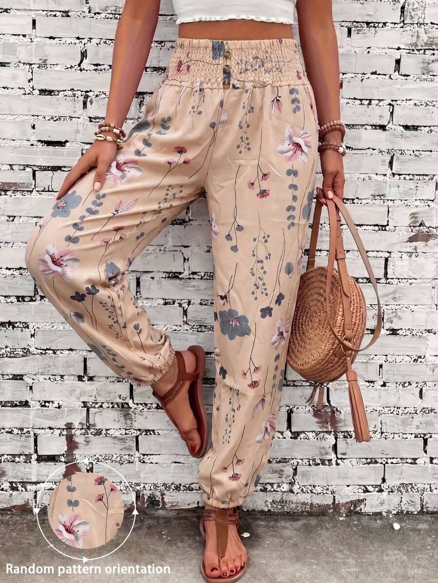 Women's Casual Commuter Printed Drawstring Waist Pocket Pants, Fashionable Casual Printed Trousers, Random Printed Pattern Vacation Spring - Cinnamon Color - View 1