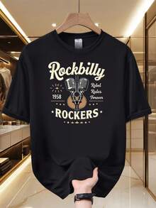 Camiseta unisex de manga corta para hombreRockabillyGráficoCamiseta-VintageMúsicaVibraciones SuaveyTranspirablePoliésterFibra RetroImprimirDiseño TripulaciónCuello - Negro - Ver 1