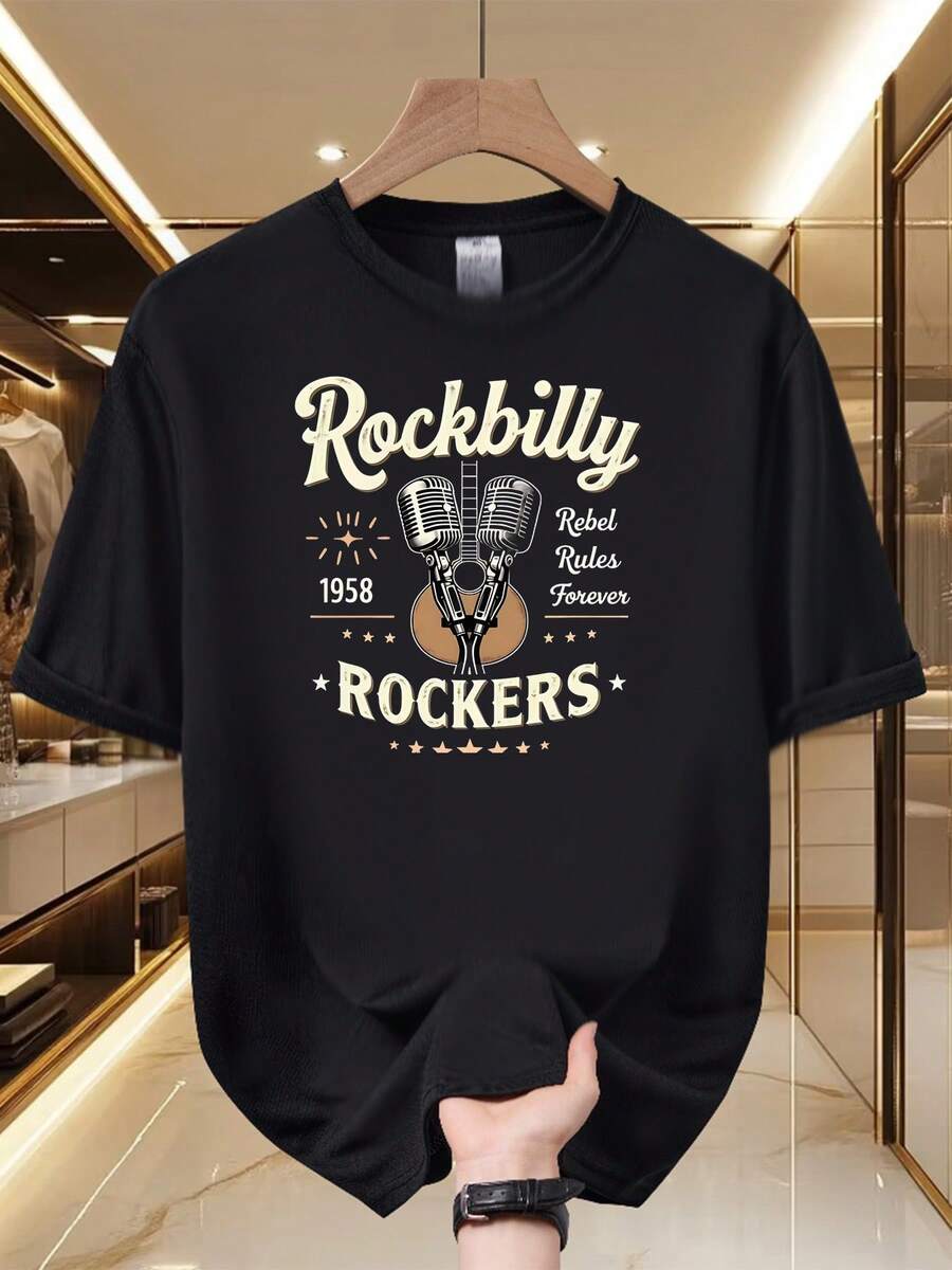 Camiseta unisex de manga corta para hombreRockabillyGráficoCamiseta-VintageMúsicaVibraciones SuaveyTranspirablePoliésterFibra RetroImprimirDiseño TripulaciónCuello - Negro - Ver 1
