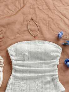 Top tubo de mujer para vacaciones color rosa claro vintage con bajo asimétrico, abertura lateral fruncida, ajustado, sexy para fiesta, cita de San Valentín, té de la tarde, vacaciones urbanas - Blanco - Ver 4