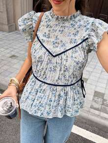 Blusa de mujer con cuello con volantes, mangas cortas y cintura con lazo, con estampado floral ditsy para vacaciones - Multicolor 2 - Ver 4