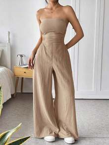 Mono de pierna ancha informal de mujer de talla grande, de algodón, con tirantes finos y espalda descubierta, para verano - Caqui - Ver 7