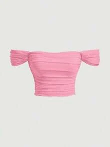 Top de hombros descubiertos fruncido de malla - Rosa - Ver 5