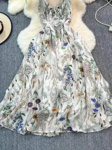 Women's Floral Midi Dress, Halter Neck With Bow And Ruffles, Romantic Style For Spring-Summer - Pastel Green - View 3