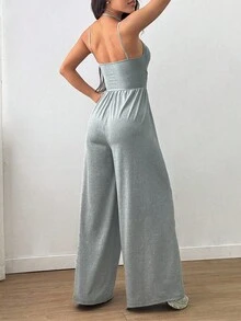 Tuta intera arricciata con scollo all'americana e gamba larga, tuta nera casual senza maniche per donna, abbigliamento estivo basic da strada. - Grigio Chiaro - Visualizzare 2