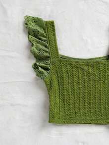 Elegante top corto de mujer de punto con plisados, adornos de encaje floral y diseño ideal para vacaciones - Verde - Ver 6