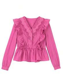 ii Blusa de manga larga con volantes, parches de encaje y unicolor casual blanca para primavera - Rosa Fucsia - Ver 4