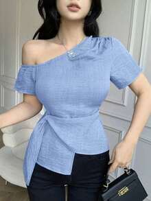 Blusa casual elegante de hombros con nudo, de corte slim para mujeres - Celeste - Ver 6