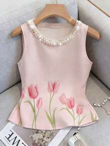 Blusa de tirantes elegante con estampado floral y cuello de perlas brillantes para mujer, adecuada para citas, salidas casuales, ir al trabajo, tomar el té por la tarde, Día de la Madre, Día del Maestro - Rosa - Ver 6