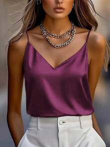 1 pieza Camiseta de satén sin mangas de verano para mujer, elegante top sin espalda de moda, adecuado para verano, citas por la noche, oficina, vacaciones, uso casual diario - Morado - Ver 1