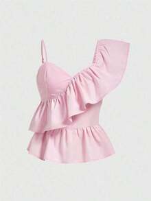 Kawaii Blusa con cuello asimétrico y ribete de volantes de moda Y2K para mujer - Rosa Pálido - Ver 5