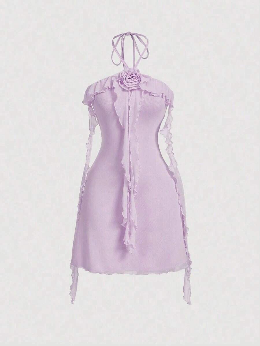 Vestido de malla elástica de punto para mujeres con decoración floral, volantes sin mangas en color lila - Lila Púrpura - Ver 1