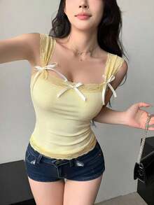Camiseta ajustada sin mangas con adorno de encaje y atar para mujeres - Amarillo - Ver 3