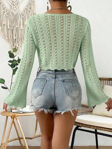 Cárdigan de punto calado de color liso casual para vacaciones - verde menta - Ver 2