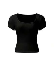 Set de 3 camisetas de mujer de manga corta con cuello en U, tops ajustados y cortos de color liso casual y de moda para el verano - Multicolor - Ver 5