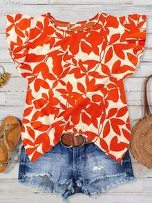 Tall Blusa casual de mujer con estampado floral de hojas sobre base naranja, cuello redondo, mangas de vuelo y mangas cortas, para primavera/verano - Naranja - Ver 6