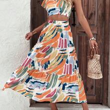 Allover Print Crop One Shoulder Blouse & Ruffle Hem Skirt - Rosa - Ver 3