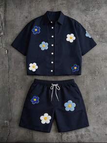 Men's Summer Beach Casual Fashion Set, Colorful Floral Summer Set, Simple Versatile Style - Navy Blue - View 4