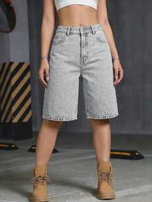 Women's Casual Street Style Mid-Waist Loose Fit Stretchy Denim Shorts Summer - Light Grey - View 4