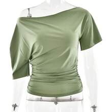Top corto fruncido con hombros descubiertos para mujer, camisetas básicas de Color sólido con cuello oblicuo, camisetas de manga corta, ropa de calle informal de verano - Blanco - Ver 3