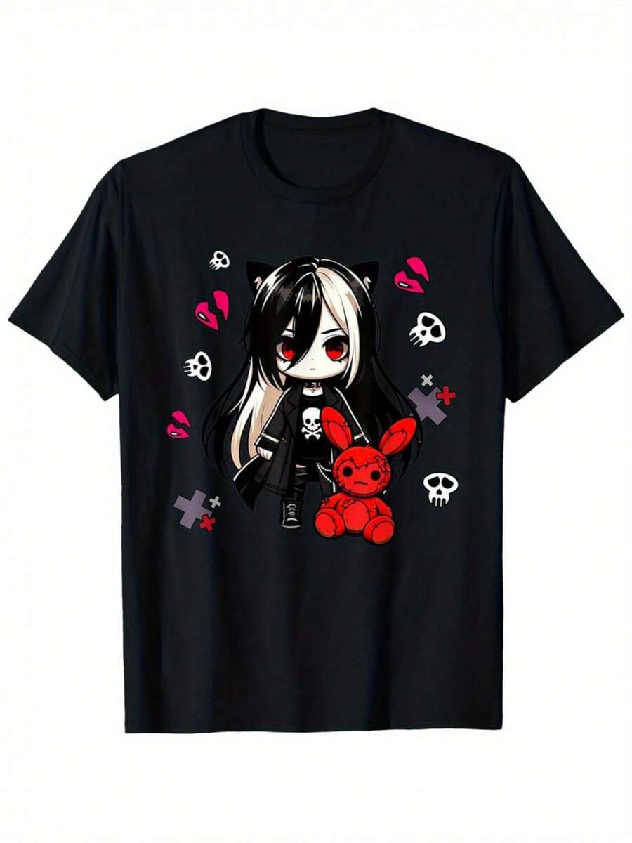 Camiseta Vintage Gótica de Anime para Hombre - Negra, con un lindo diseño de conejo emo en estilo Q, top estampado de estilo gótico suave, adecuada para cosplay y uso diario en la calle.Camisetas exclusivas y suaves para el uso diario para fans de anime, camisetas de estilo gótico, ropa casual, moda vanguardista, estampados duraderos, camisetas de manga corta, estilo alternativo. - Negro - Ver 1