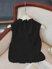 Blusa blanca elegante sin mangas, de cintura elástica y cuello suelto con cordón, de tejido texturizado, para mujer, para primavera/verano.Blusas y tops para mujer de cuello cerrado, blusas casuales y modernas para el verano - Negro - Ver 2