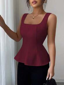 Blusa elegante de cuello cuadrado sin mangas para mujer, adecuada para la oficina, el transporte, el té de la tarde, las fiestas, las vacaciones y ocasiones casuales - Burdeos - Ver 6