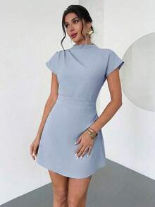 Vestido mini de línea A con fruncido de unicolor, adecuado para el uso diario en verano - Celeste - Ver 8