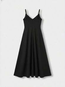 Vestido midi elegante de mujer con cuello en V, vestido de tirantes de mezcla de lino con corte evasé y espalda descubierta, adecuado para vacaciones, playa, boda, fiesta de cóctel - Negro - Ver 6