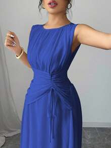 Vestido maxi casual, romántico, vintage y elegante de gasa para mujer con cordón en la cintura, para la playa, el té de la tarde, fiestas de noche, uso diario, sin mangas, de unicolor, vestido largo, primavera/verano - azul real - Ver 6