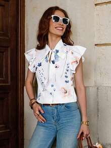 Blusa con lazo elegante para mujer, versátil para el trabajo y el uso casual, verano - Azul y blanco - Ver 5