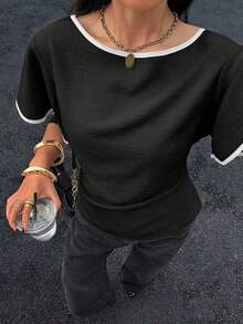 Camisa casual de mujer con ribete de contraste en la cintura y manga corta, para verano - Negro - Ver 4