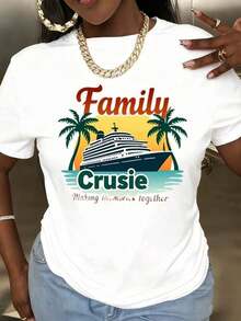 Camiseta de cuello redondo de talla grande para mujer con estampado de barco de crucero y palmerara vacaciones de playa y vies - Blanco - Ver 2