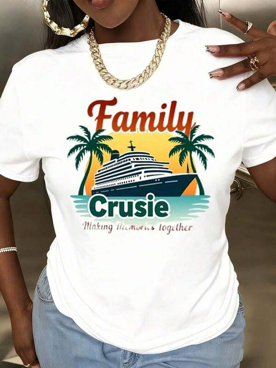 Camiseta de cuello redondo de talla grande para mujer con estampado de barco de crucero y palmerara vacaciones de playa y vies
