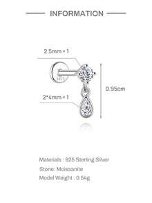 AnlaScheer 1pc Moissanite 925 Sterling Silver Teardrop Shaped 4-Stone Flat Back Cartilage Conch Piercing Stud Earrings, Women's Engagement Wedding Bridal Jewelry - Silver - View 7
