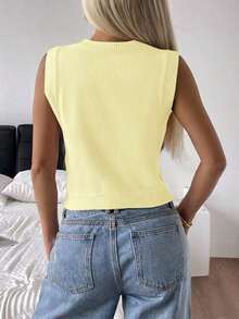 Chaleco corto de punto casual con botones   para mujer en color amarillo suave estilo amarillo mantequilla. - Rosa - Ver 11
