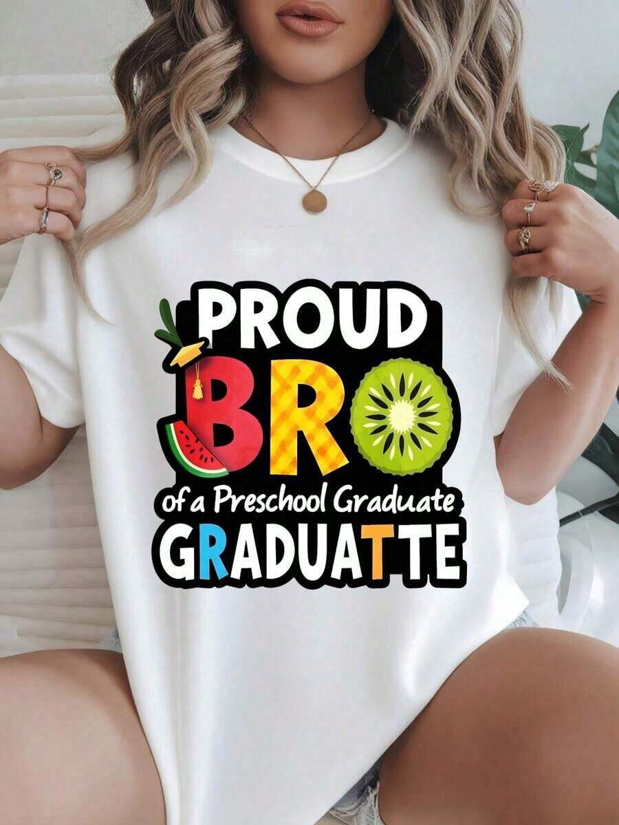 Camiseta Casual de Manga Corta para Mujer - Orgulloso Hermano de un Graduado de Preescolar, Cuello Redondo, Top de Verano, Lavable a Máquina, Camisetas para Damas, Ropa Casual, Estilo Moderno, Ajuste Cómodo
-Blanco - Blanco - Ver 1