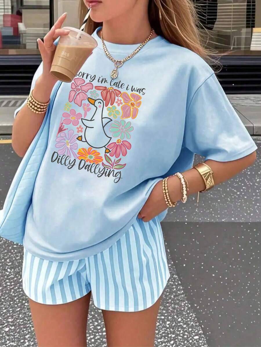 Camiseta de verano con gráfico de frutas y flores, estilo relajado y favorecedor Playera juvenil holgada con diseño de fresas, limones y helado, estilo coqueto para combinar con shorts - YH423-Azul - Ver 1