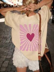 Camiseta de manga corta con cuello redondo y estampado de corazones y rayas.Camiseta de manga corta con cuello redondo, estilo casual y minimalista para mujer, con un diseño lindo, corte holgado, ideal para uso diario y vacaciones.Verano - Albaricoque - Ver 6