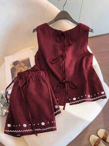 Conjunto casual de vacaciones para mujer, blusa con cuello redondo y estampado teñido anudado en la espalda, combinada con shorts estampados, para /verano - Burdeos - Ver 9