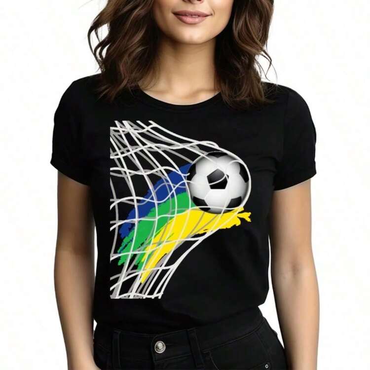 Tops para mujer Casual de Algodón de Manga Corta para Mujer con Estampado deía de Fútbol, Cuello Redondo, Corte Regular, para el Día del Partido - Negro - Añade 1