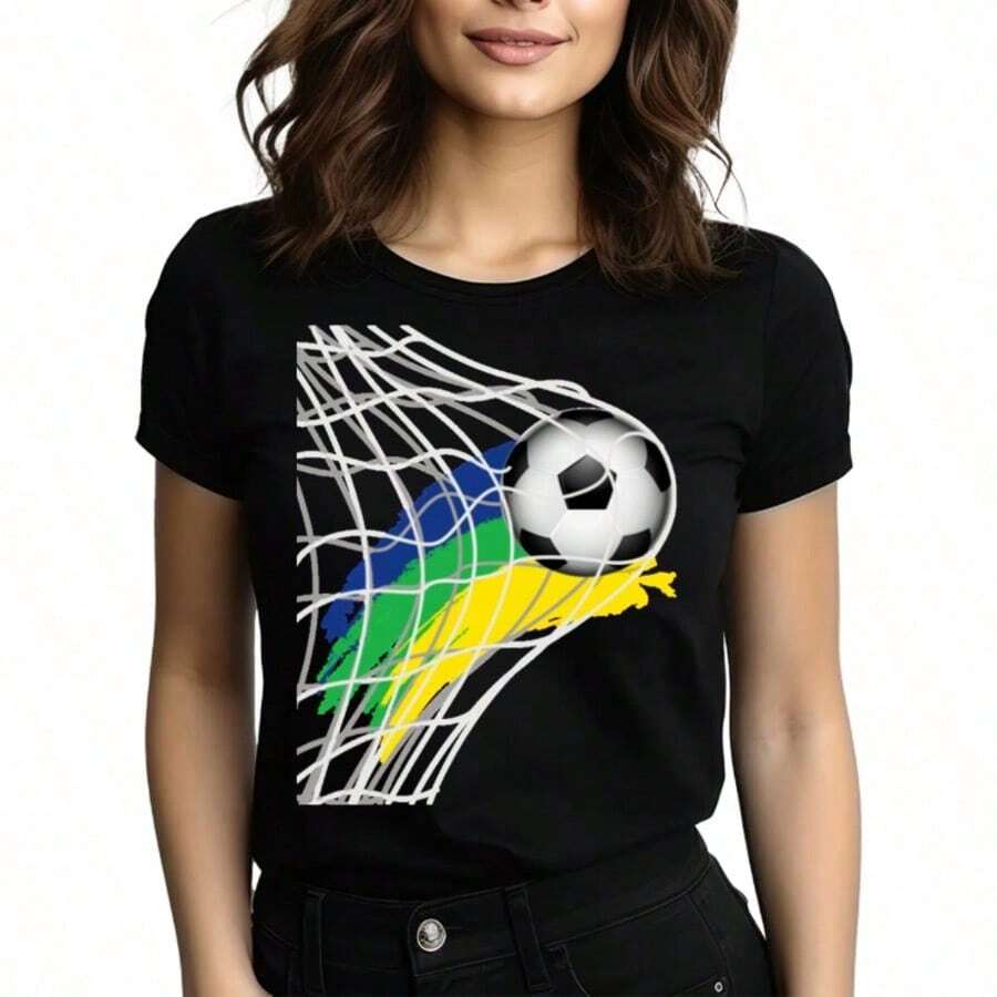 Tops para mujer Casual de Algodón de Manga Corta para Mujer con Estampado deía de Fútbol, Cuello Redondo, Corte Regular, para el Día del Partido - Negro - Ver 1