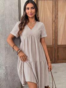 Vestido corto de manga corta minimalista de unicolor para mujer, uso casual de todos los días - Multicolor 3 - Ver 7