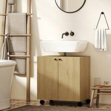 Mueble de baño con estante de 3 niveles, ruedas y acabado en madera. - Color natural - Ver 7