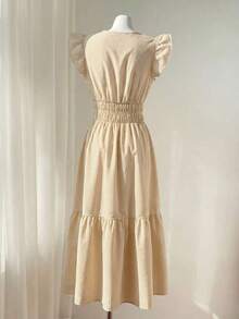Falda ajustada de línea A con volantes con estampado de hojas en escote en V, vestido de rayas casual de verano para vacaciones, ropa de primavera/verano, falda a rayas amarilla y blanca, vestido de vacaciones para mujer, vestido de estilo bohemio de verano elegante para mujer - Amarillo - Ver 6
