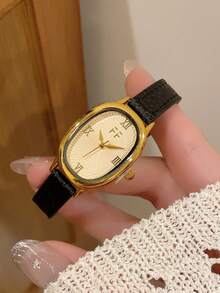 1pc Retro Style Adjustable Strap Quartz Women's Watch Elliptical With Roman Numeral Scale For Compact And Perfect For Daily - Black - View 3