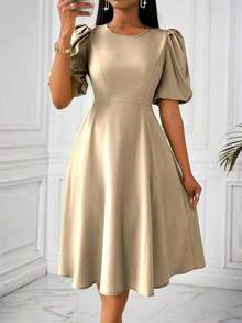 Vestido verde de manga abullonada larga, cuello en V, cintura recogida y bajo acampanado, para primavera y verano - Albaricoque - Ver 1