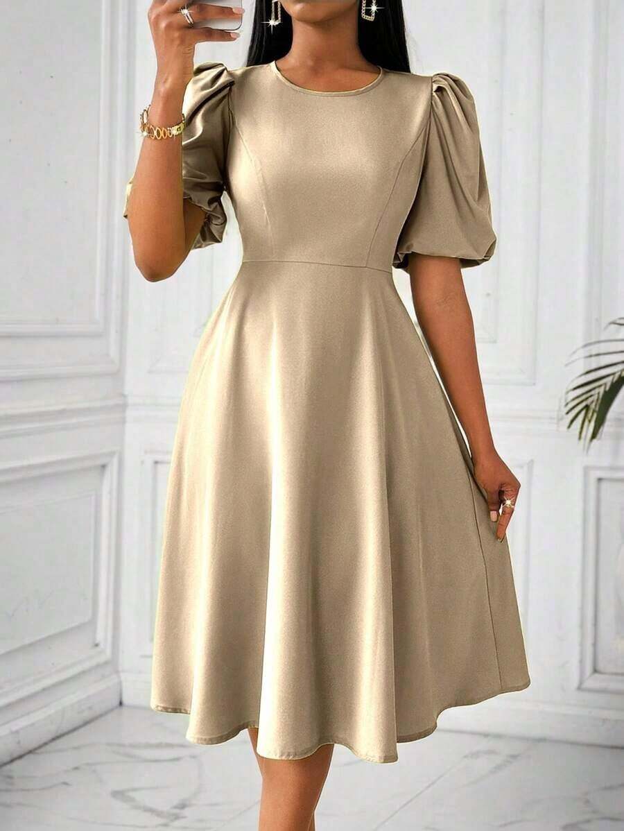 Vestido verde de manga abullonada larga, cuello en V, cintura recogida y bajo acampanado, para primavera y verano - Albaricoque - Ver 1