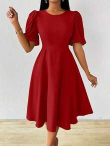 Vestido verde de manga abullonada larga, cuello en V, cintura recogida y bajo acampanado, para primavera y verano - Rojo - Ver 4