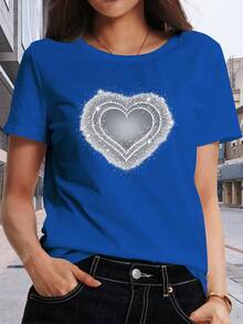 Women's Short-Sleeved T-Shirt With A Classic Sparkly Heart Print, Summer Wear, Regular Length, Suitable For Lounging At Home, Sports, Casual Wear, And Everyday Gatherings. Bestseller. - 藍色 - 查看 6